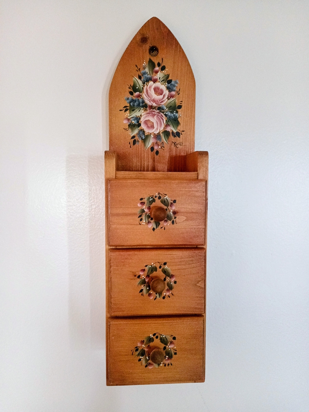 Hand-Painted Wooden Wall Pocket with Floral Roses - Pink & Green Cottage Core